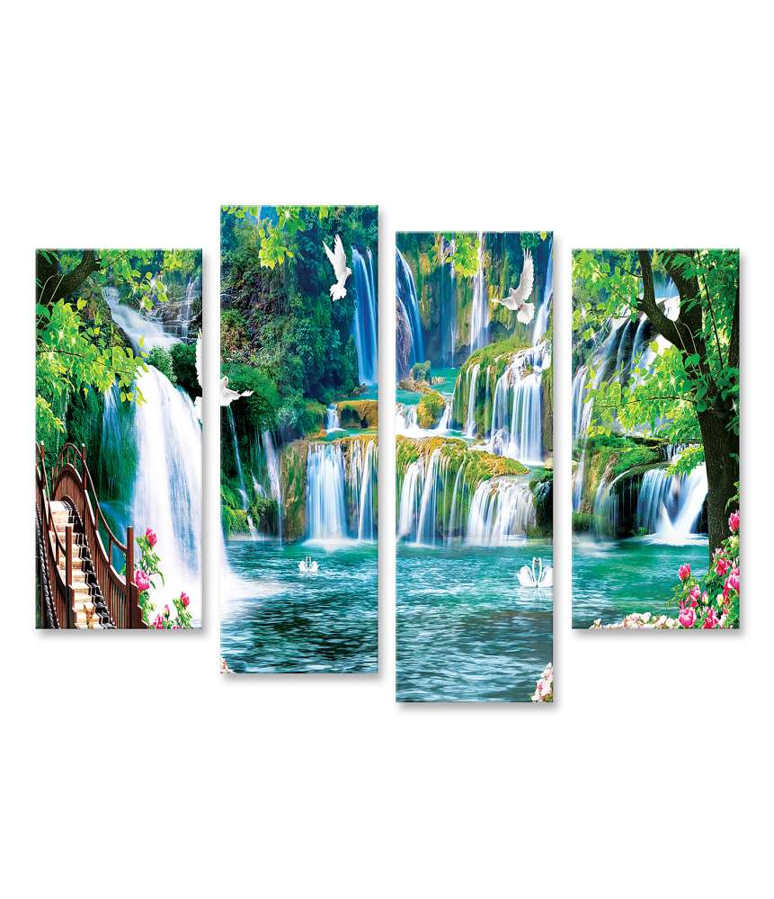 Islandburner Bild auf Leinwand Vibrantes Wandbild: Bunte Landschaft mit Blumen, Bäumen und Wasserfall