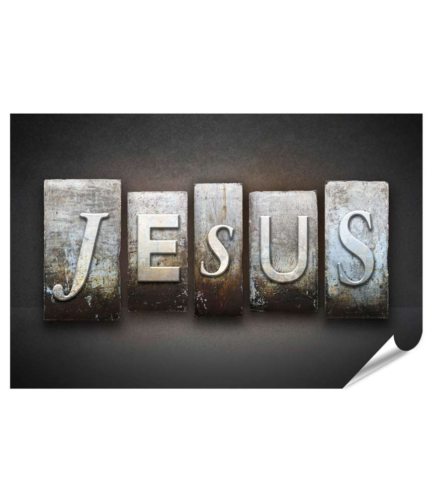 Islandburner XXL Premium Poster Jesus' Name in Vintage-Typografie auf einem Wandbild im Buchdruck-Stil