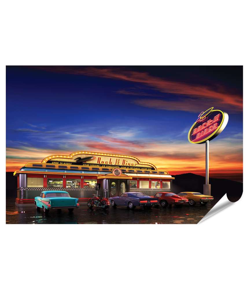 Islandburner XXL Premium Poster Retro-Amerikanisches Diner bei Abenddämmerung als Wandbild