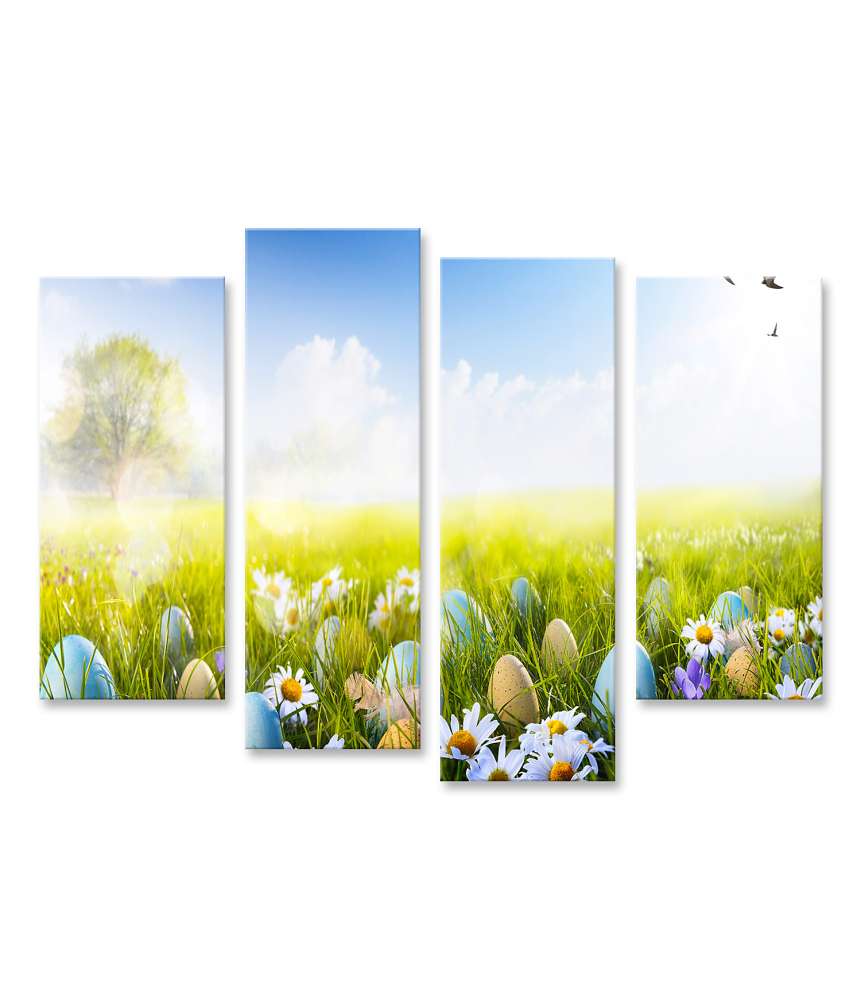 Islandburner Bild auf Leinwand Vibrantes Wandbild von bunt bemalten Ostereiern und Blumen im Gras