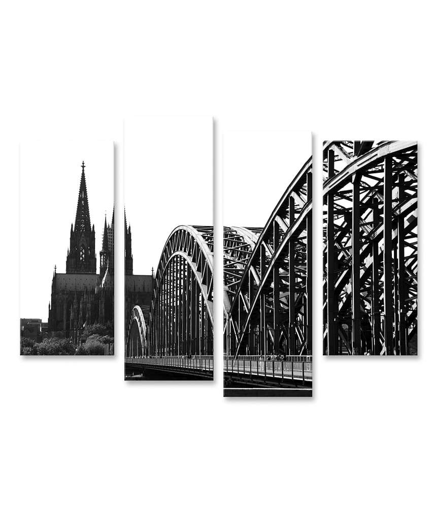 Islandburner Bild auf Leinwand Schwarz-Weiß Wandbild des Kölner Doms mit Brücke in Köln