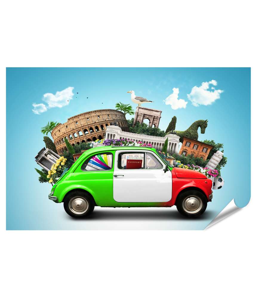 Islandburner XXL Premium Poster Italienische Sehenswürdigkeiten und Retro-Auto in Italien Wandbild