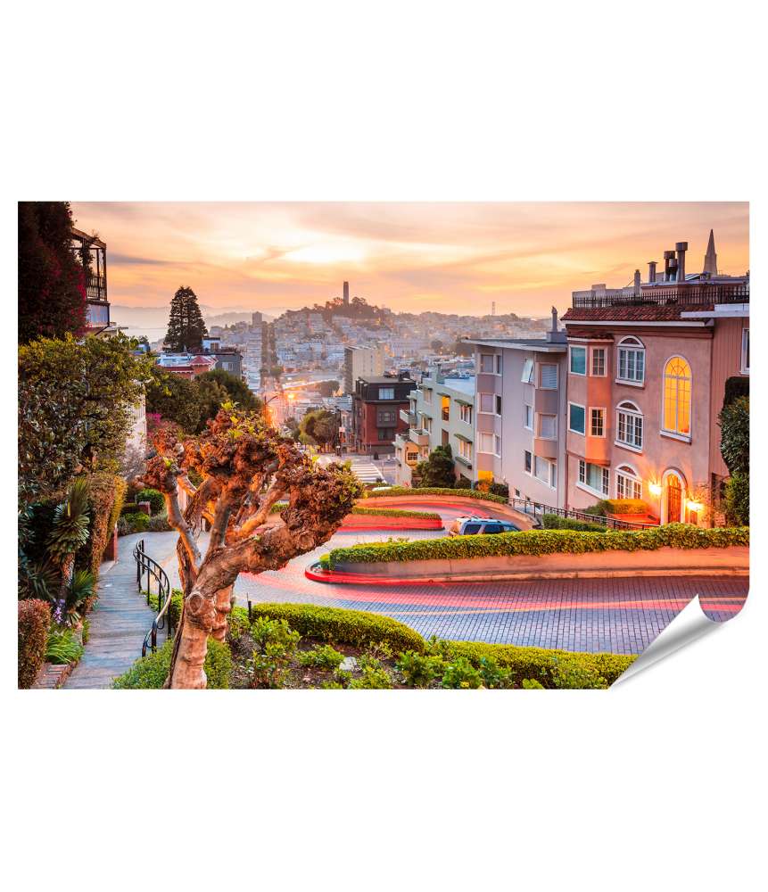 Islandburner XXL Premium Poster Berühmte Lombard Street in San Francisco während des Sonnenaufgangs