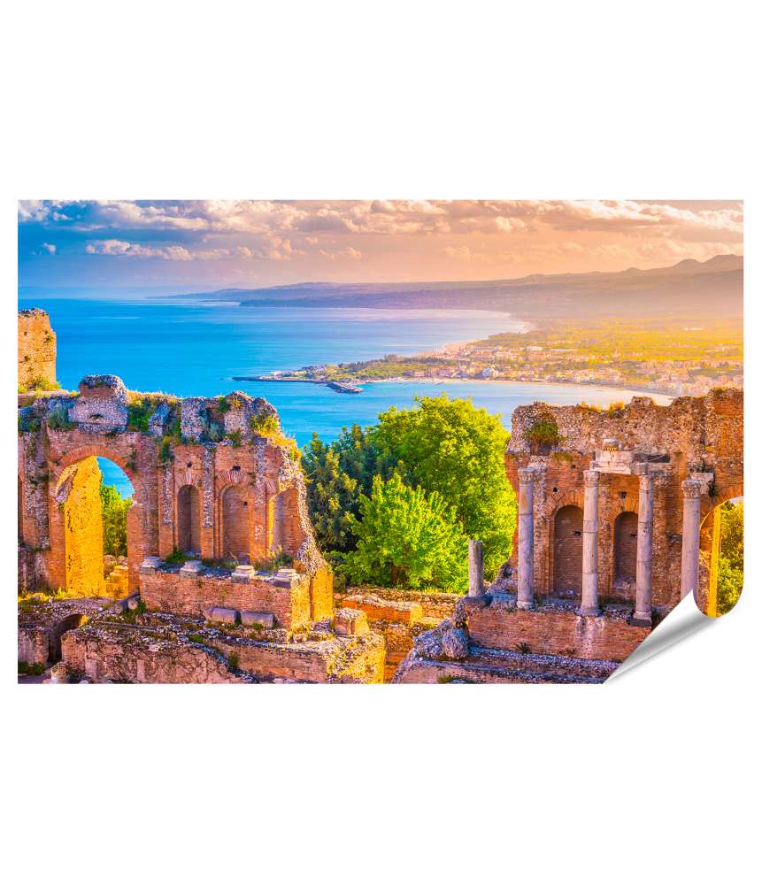 Islandburner XXL Premium Poster Schönes Reisefoto von Taormina-Theaterruinen bei Sonnenuntergang