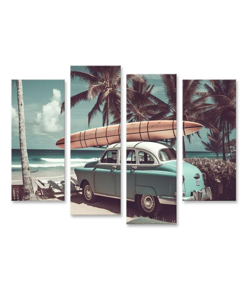 Islandburner Bild auf Leinwand Vintage Auto mit Surfbrett auf einem nostalgischen Wandbild