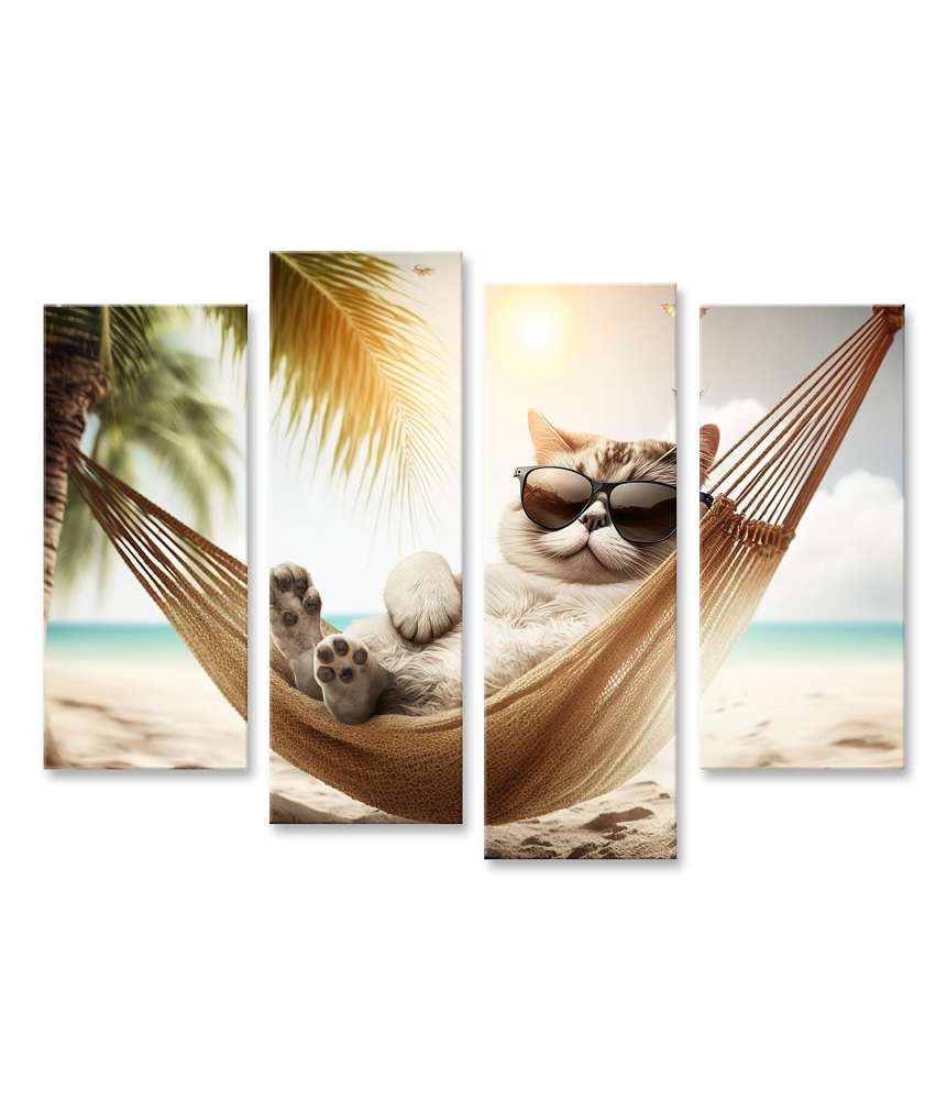 Islandburner Bild auf Leinwand Entspannte Katze mit Sonnenbrille am Strand - Lustiges Haustier-Urlaubsbild