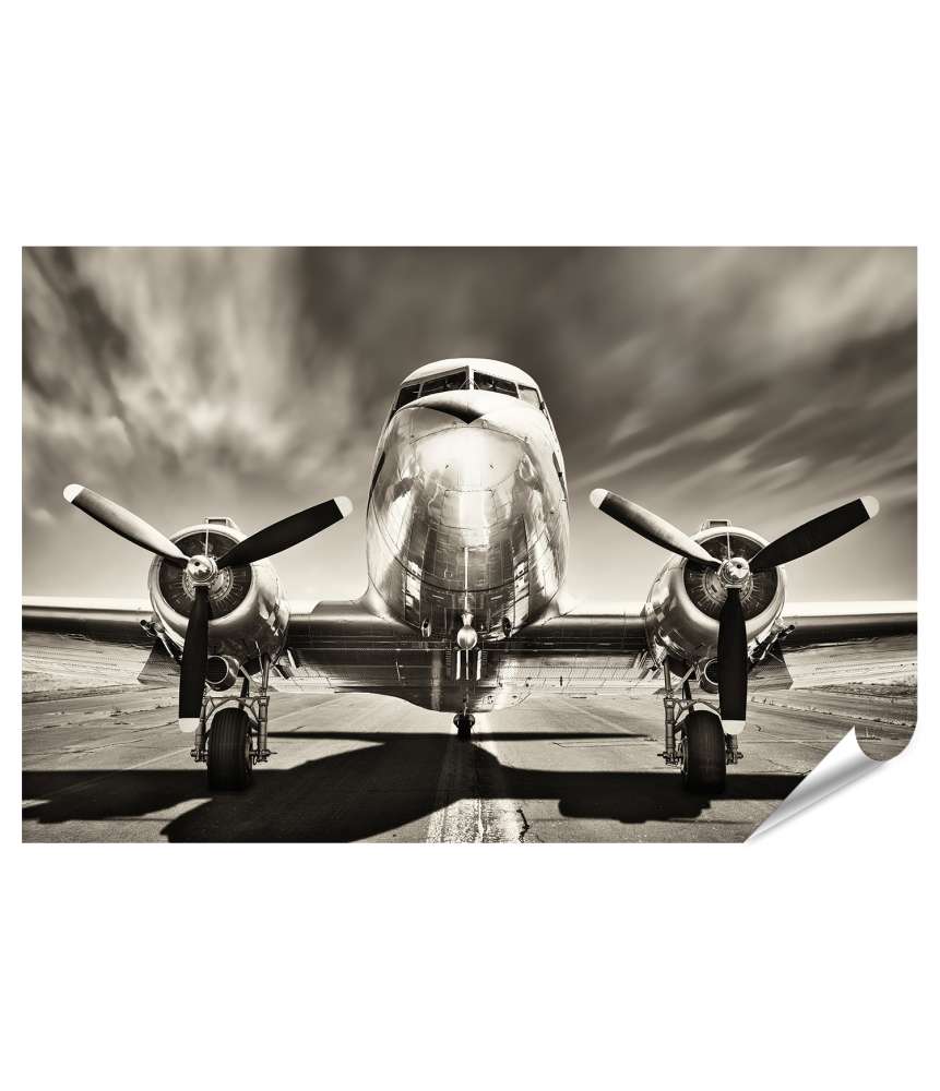 Islandburner XXL Premium Poster Monochromes Retro-Wandbild eines Propellerflugzeugs