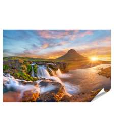 XXL Premium Poster Spektakulärer Sonnenaufgang über Kirkjufellsfoss Wasserfall & Kirkjufell Berg