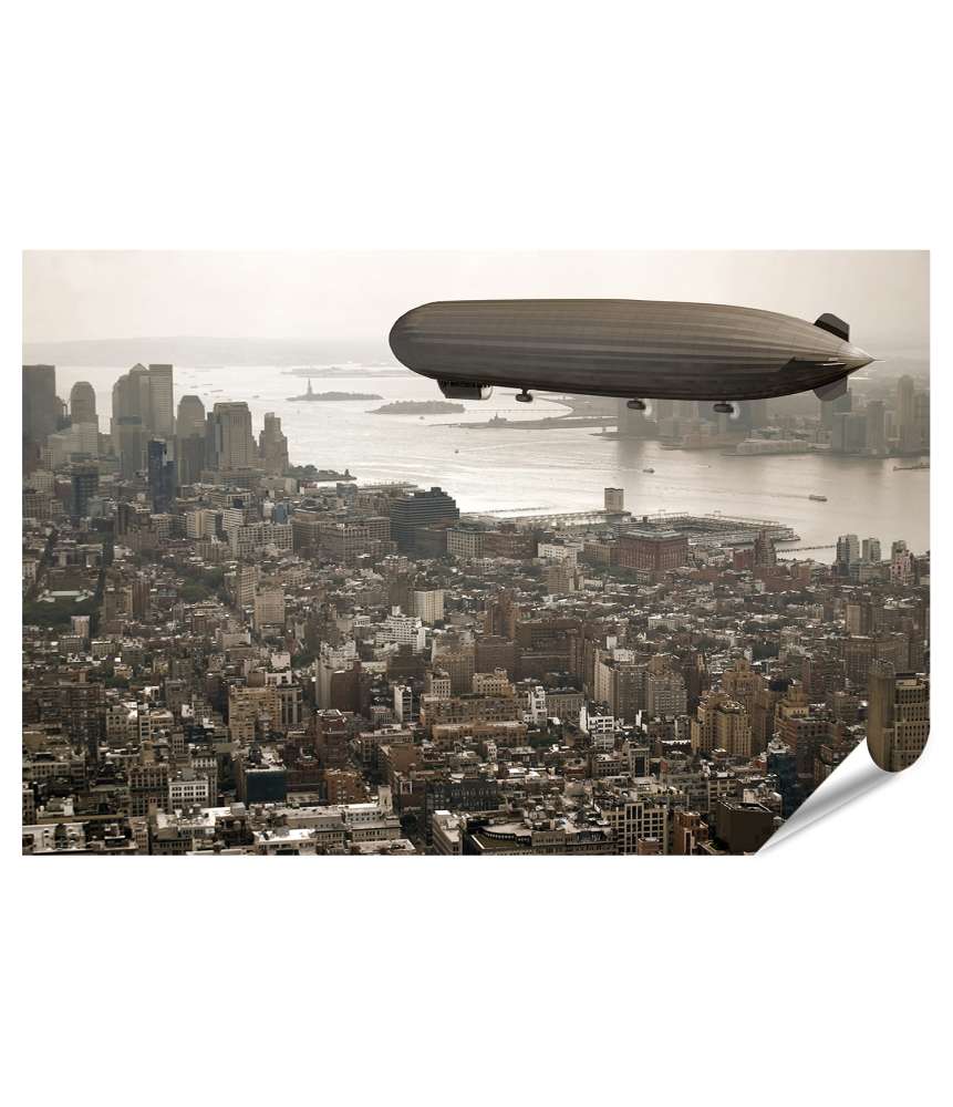 Islandburner XXL Premium Poster Vintage-Stil Wandbild: Zeppelin schwebt über Manhattan