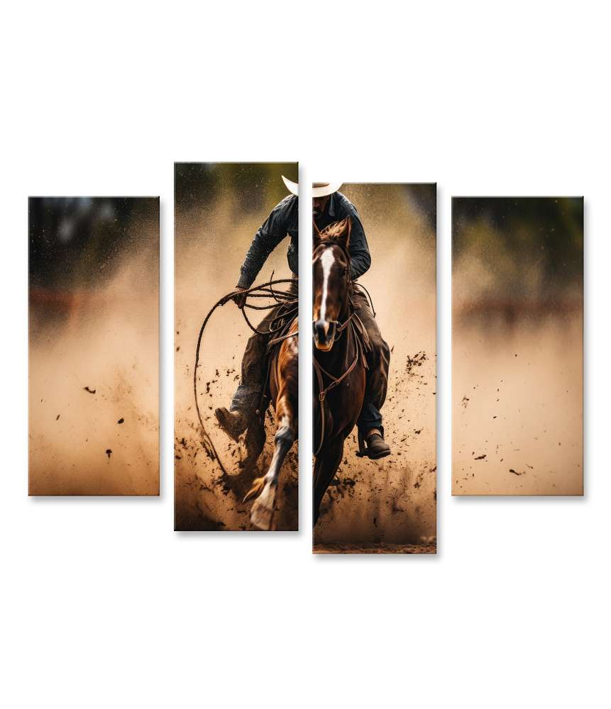 Bild auf Leinwand Cowboy mit Hut reitet auf Pferd und schwingt Lasso in Westernlandschaft