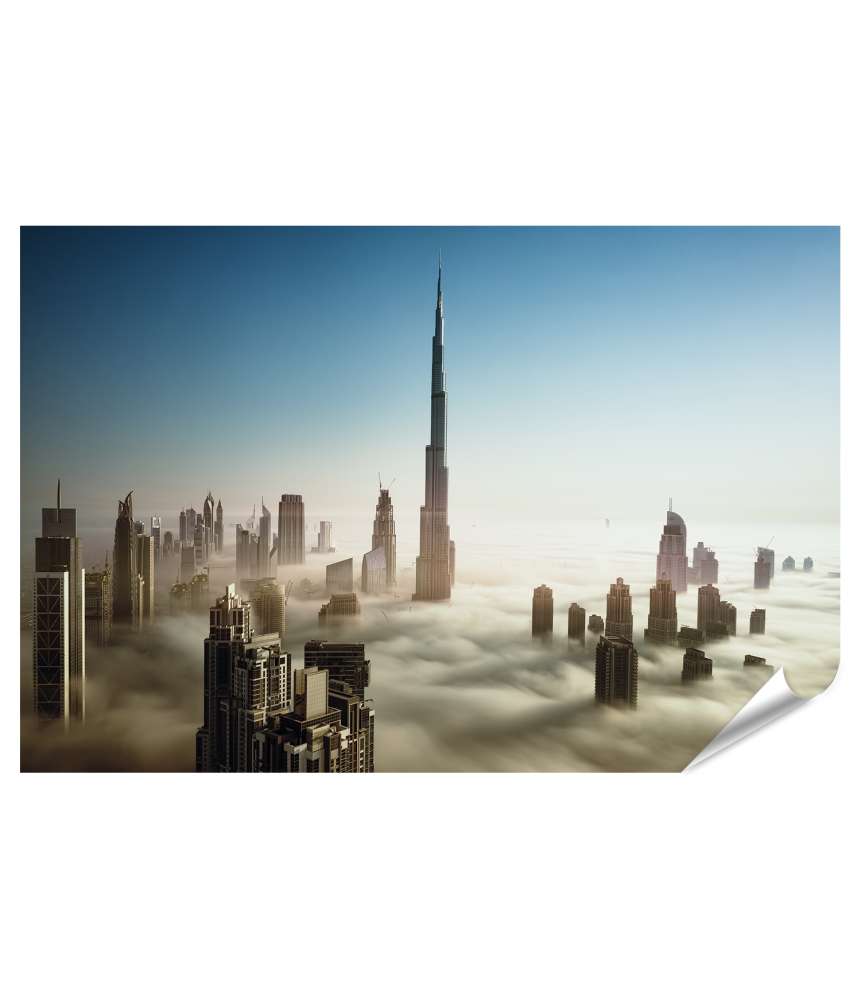 Islandburner XXL Premium Poster Luftaufnahme von Dubai Stadtansicht im Nebel bei Dämmerung