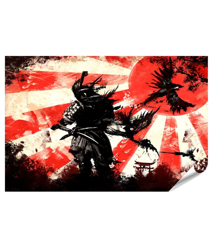 Islandburner XXL Premium Poster Sonnenuntergangshintergrund mit Samurai-Krieger im Vordergrund