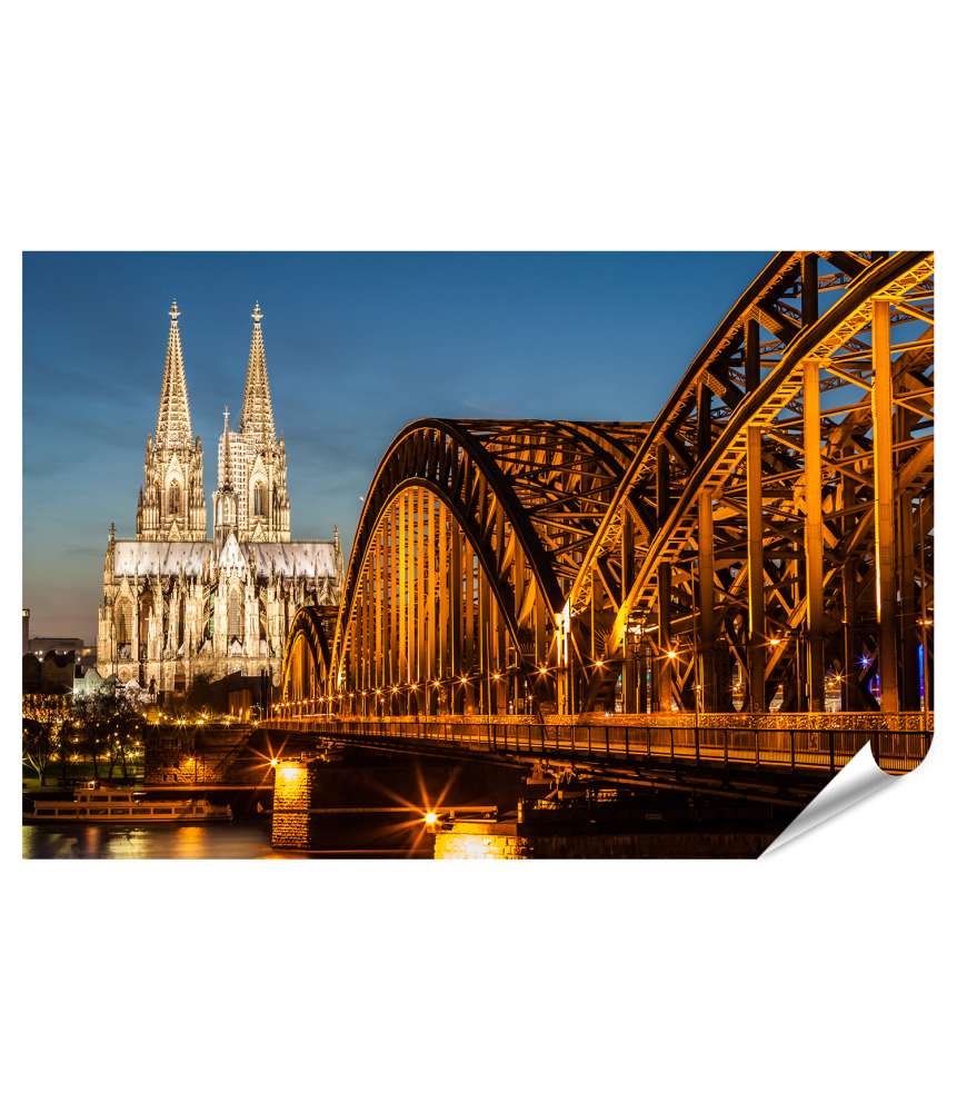 Islandburner XXL Premium Poster Abenddämmerung am Kölner Dom und Hohenzollernbrücke auf Wandbild