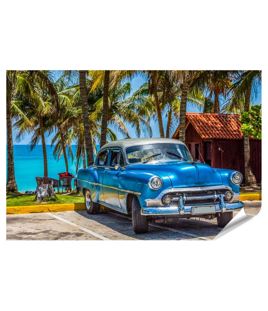 Islandburner XXL Premium Poster Blauer Oldtimer mit Silberdach am Strand von Varadero, Kuba