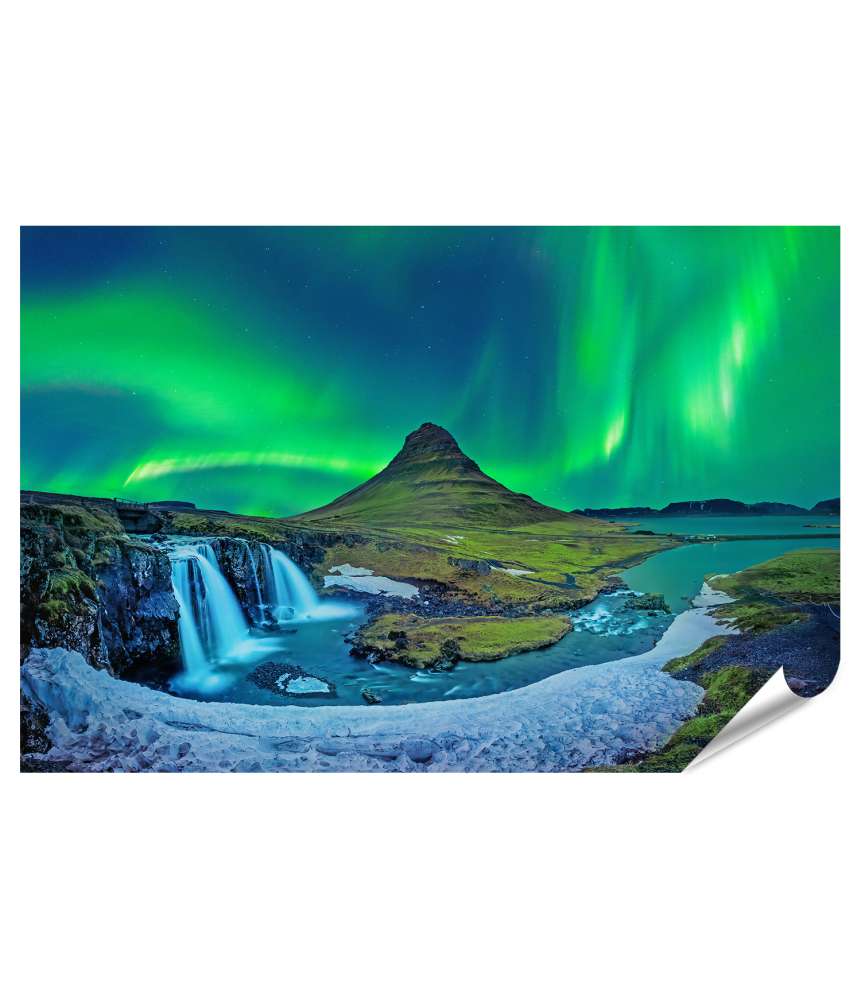 Islandburner XXL Premium Poster Winterliches Nordlicht Aurora Borealis über Kirkjufell Berg, Island