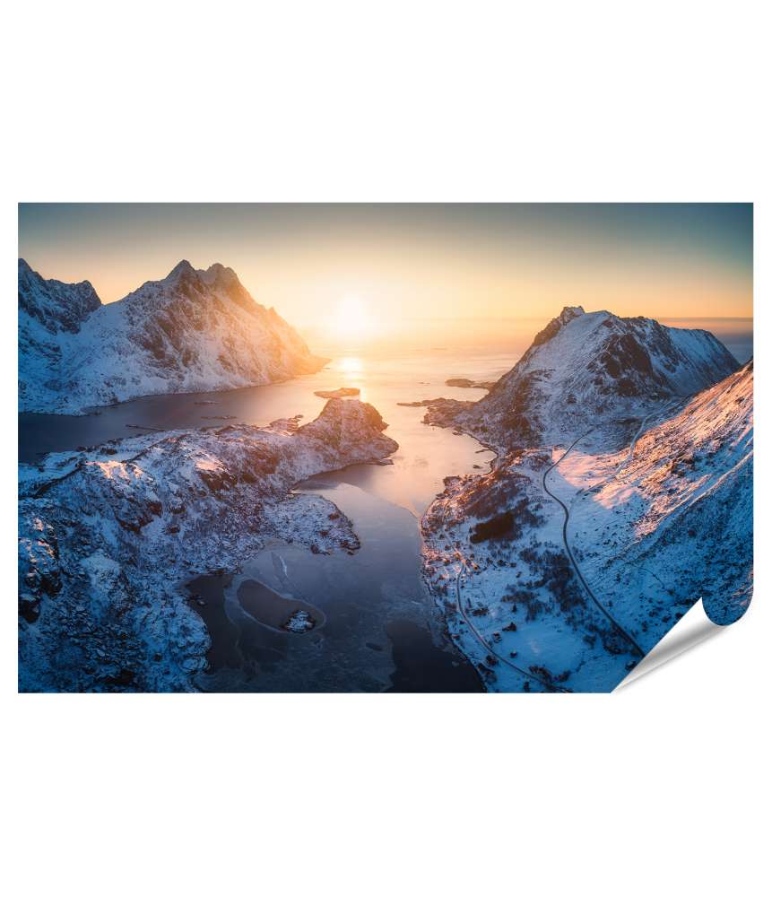 Islandburner XXL Premium Poster Luftbild: Majestätischer Fjord-Sonnenuntergang auf den Lofoten