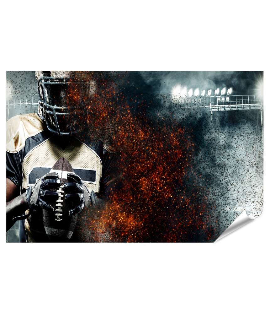 Islandburner XXL Premium Poster Amerikanischer Footballspieler im Helm, Stadion in Flammen