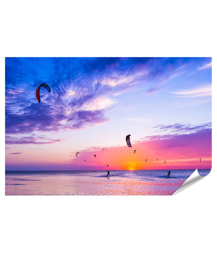 Islandburner XXL Premium Poster Silhouetten von Kitesurfern bei malerischem Sonnenuntergang