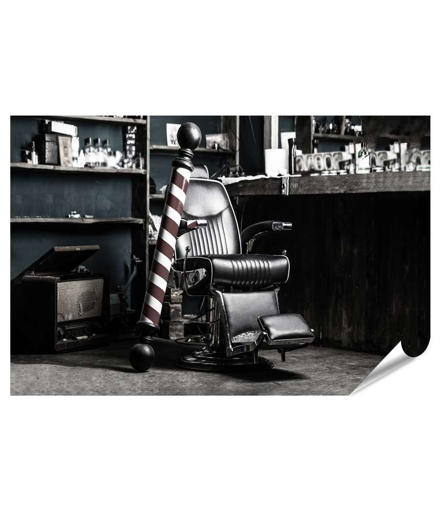 Islandburner XXL Premium Poster Vintage-Barbershop-Logo mit klassischem Friseurstuhl und Hairstylist