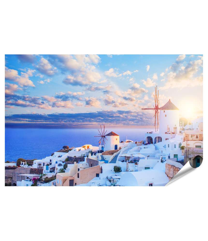 Islandburner XXL Premium Poster Santorini-Skyline mit blauem Himmel, Wolken und Oia-Stadt, Griechenland