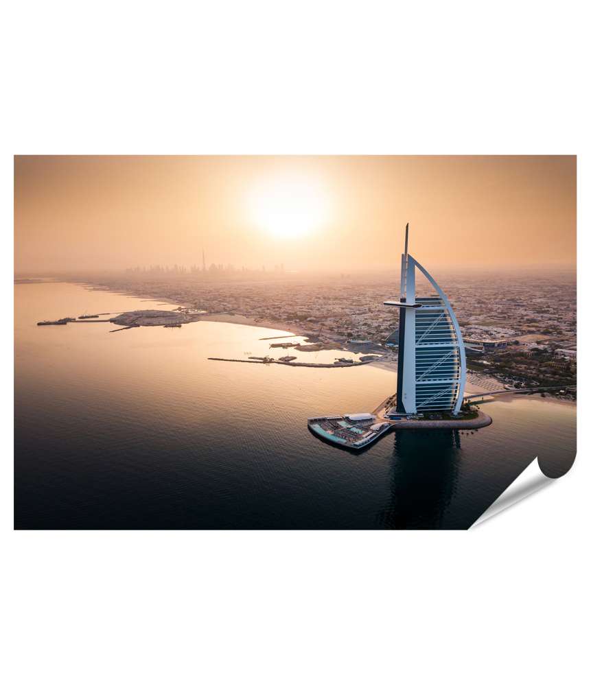 Islandburner XXL Premium Poster Luftbild von Dubais luxuriöser Skyline und Seaside Hotels beim Sonnenaufgang