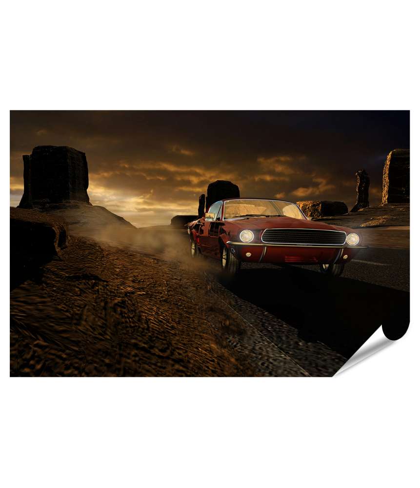 Islandburner XXL Premium Poster 1967er Ford Mustang in metallrot vor Monument Valley-Wandbild