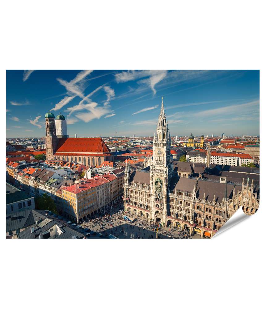 Islandburner XXL Premium Poster Luftbild: Münchens Marienplatz, Neues Rathaus und Frauenkirche