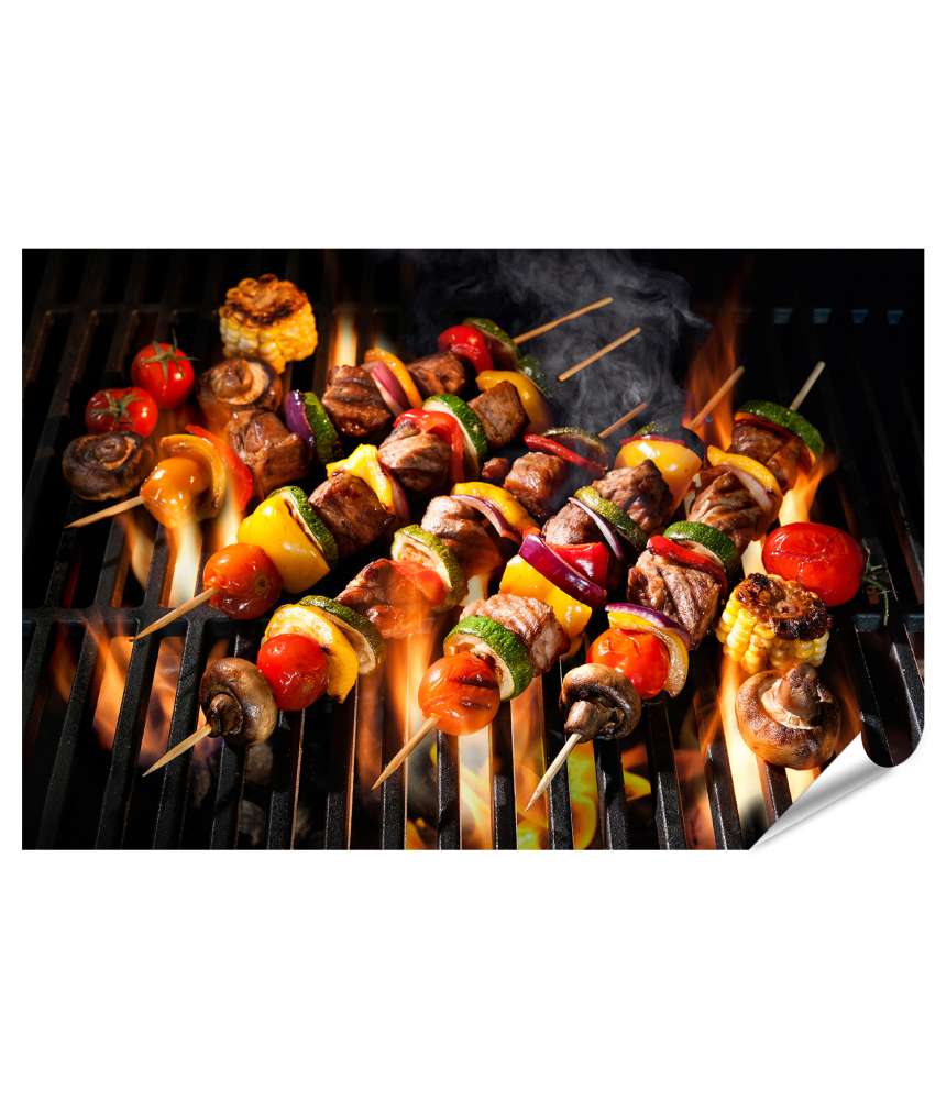 Islandburner XXL Premium Poster Wandbild: Flammender Grill mit Barbecue-Fleisch- und Gemüsespießen