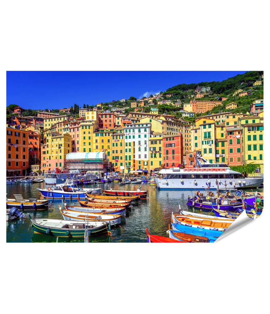 Islandburner XXL Premium Poster Farbenfrohes Wandbild der malerischen Altstadt Camogli, Genua, Ligurien, Italien