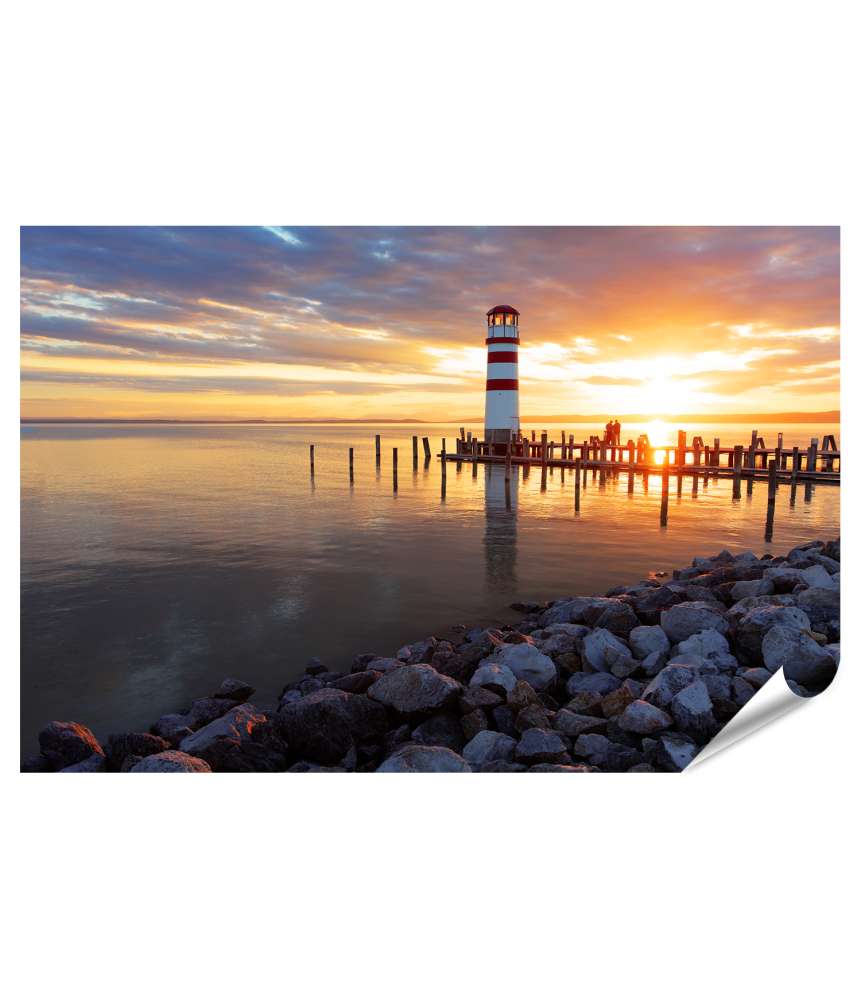 Islandburner XXL Premium Poster Atemberaubender Ozean-Sonnenuntergang mit strahlendem Leuchtturm-Wandbild