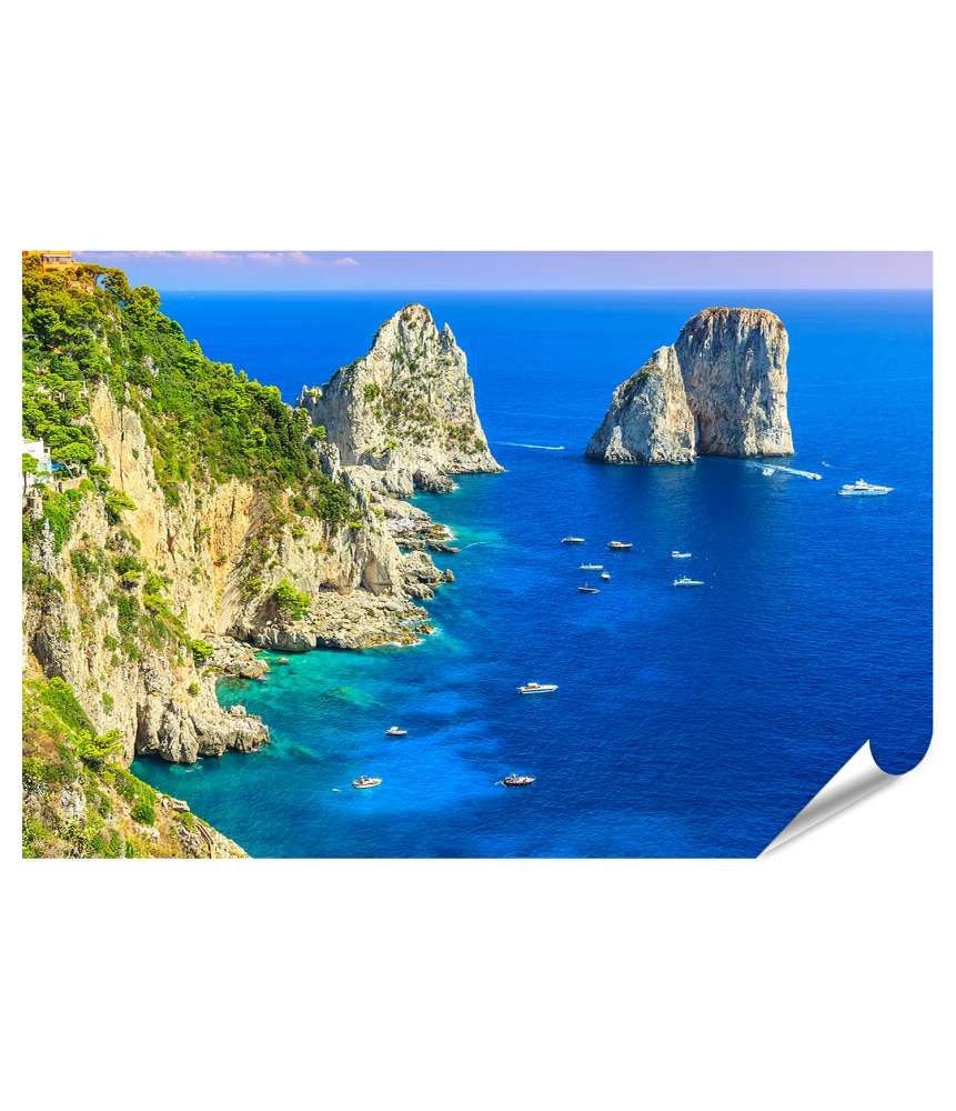 Islandburner XXL Premium Poster Panoramisches Wandbild von Capri Insel, Strand und Faraglioni Klippen, Italien