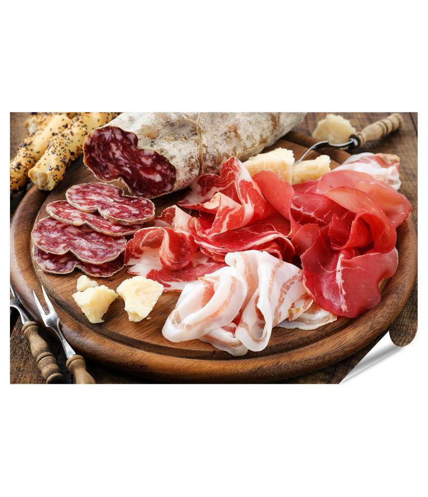 Islandburner XXL Premium Poster Italienische Wurstplatte: Prosciutto, Schinken, Bresaola, Pancetta, Salami