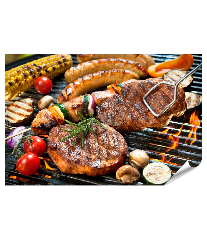 Islandburner XXL Premium Poster Wandbild zeigt Grillgut: Fleisch, Würste, Gemüse und eine Grillzange