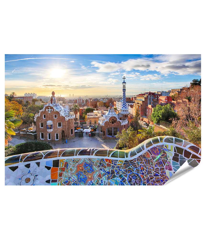 Islandburner XXL Premium Poster Sonniges Wandbild des Park Guell in Barcelona, Spanien