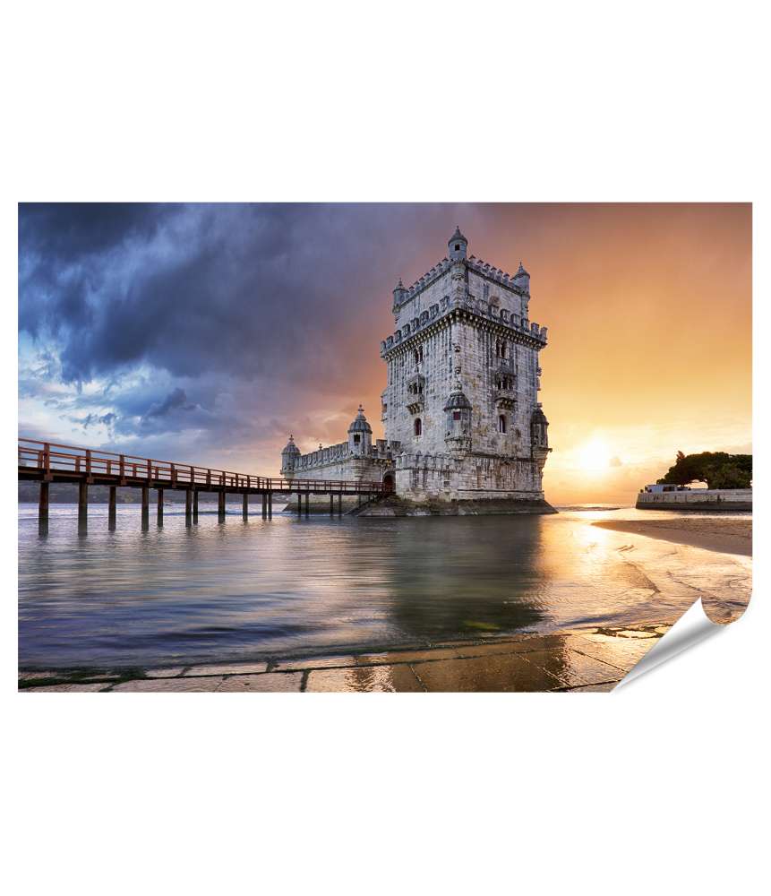 Islandburner XXL Premium Poster Sonnenuntergang am Belem Turm in Lissabon, Portugal Wandbild