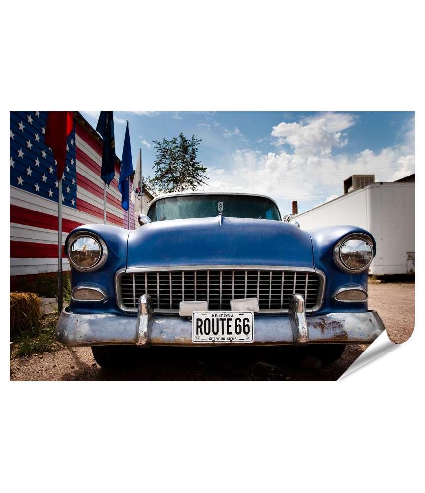 Islandburner XXL Premium Poster USA-Flagge, Route 66 und amerikanisches Auto Wandbild