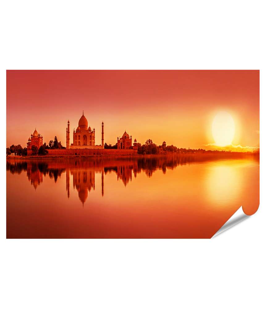 Islandburner XXL Premium Poster Panoramablick auf Taj Mahal bei Sonnenuntergang, Agra, Indien, am Yamuna Fluss