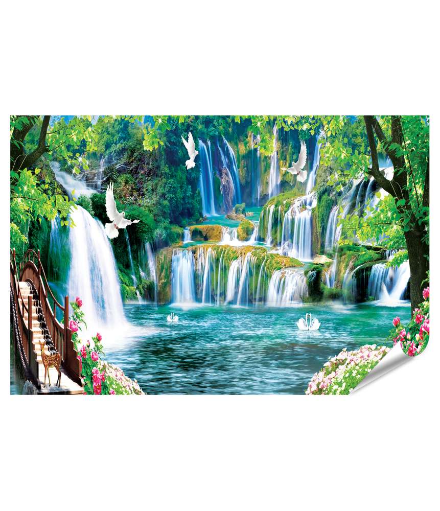 Islandburner XXL Premium Poster Vibrantes Wandbild: Bunte Landschaft mit Blumen, Bäumen und Wasserfall