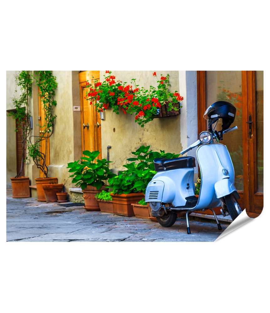 Islandburner XXL Premium Poster Italienische Vespa Roller in malerischem Pienza, Toskana Wandbild