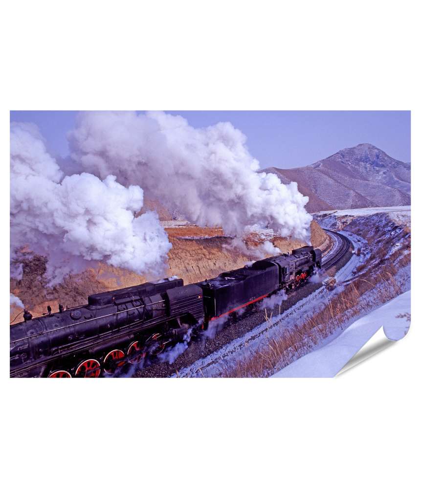 Islandburner XXL Premium Poster Dampflok auf alter Eisenbahnstrecke in malerischer Berglandschaft