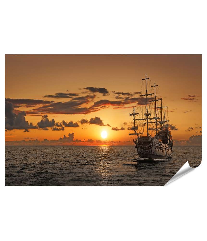 Islandburner XXL Premium Poster Piratenschiff auf offener See bei malerischem Sonnenuntergang