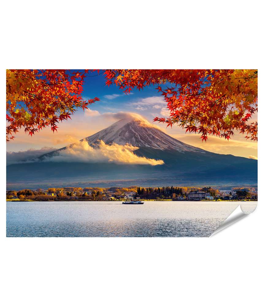 Islandburner XXL Premium Poster Sonnenuntergang am Fuji Berg und Kawaguchiko See im Herbst, Yamanashi