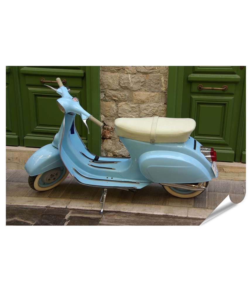 Islandburner XXL Premium Poster Eine azurblaue Vespa, lebhaft und voller Charme, auf einem Wandbild dargestellt