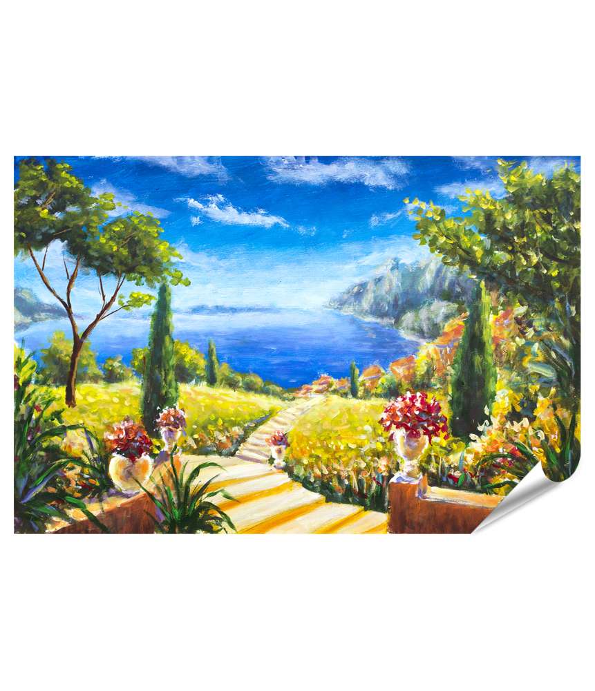 Islandburner XXL Premium Poster Handgemaltes Wandbild: Sommerlandschaft mit Weg zum Ozean und Blumenvasen