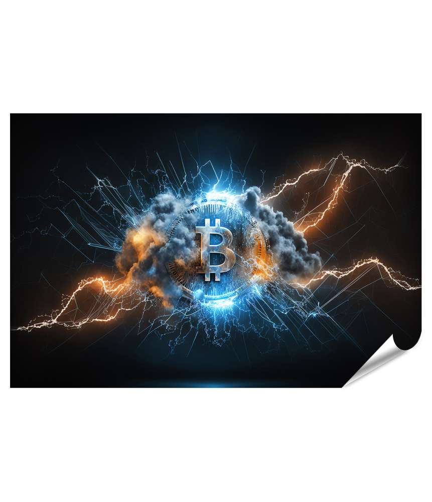 Islandburner XXL Premium Poster Bitcoin-Symbol unter dunklem Himmel, leuchtet und sendet Blitze aus