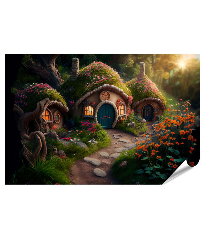 Islandburner XXL Premium Poster Märchenhaftes Hobbit-Haus im magischen Wald, bedeckt mit Fantasy-Gras