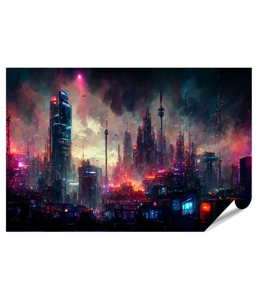 Islandburner XXL Premium Poster Futuristische Cyberpunk-Stadtlandschaft im Neonlicht