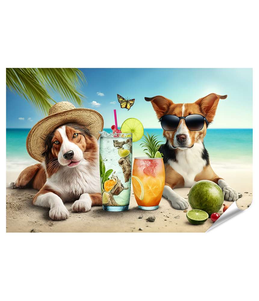 Islandburner XXL Premium Poster Heitere Hunde entspannen am Strand mit Cocktails, glücklich im Urlaubsmodus