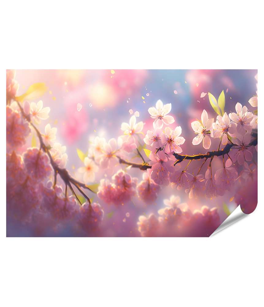 Islandburner XXL Premium Poster Delicate Pink Sakura Petals on Spring Cherry Blossom Branch, Close-up