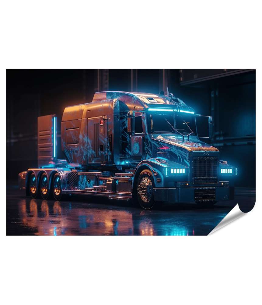 Islandburner XXL Premium Poster Großer amerikanischer Truck mit Neonlichtern bei Nacht